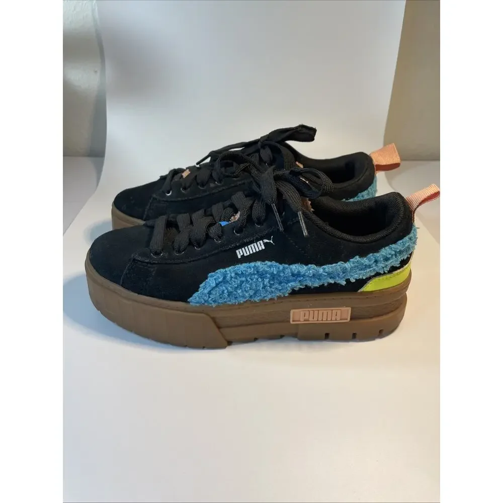 PUMA Mayze Cuddle Black Blue Glow Gum Platform Women's Size 8 Suede 385519-01